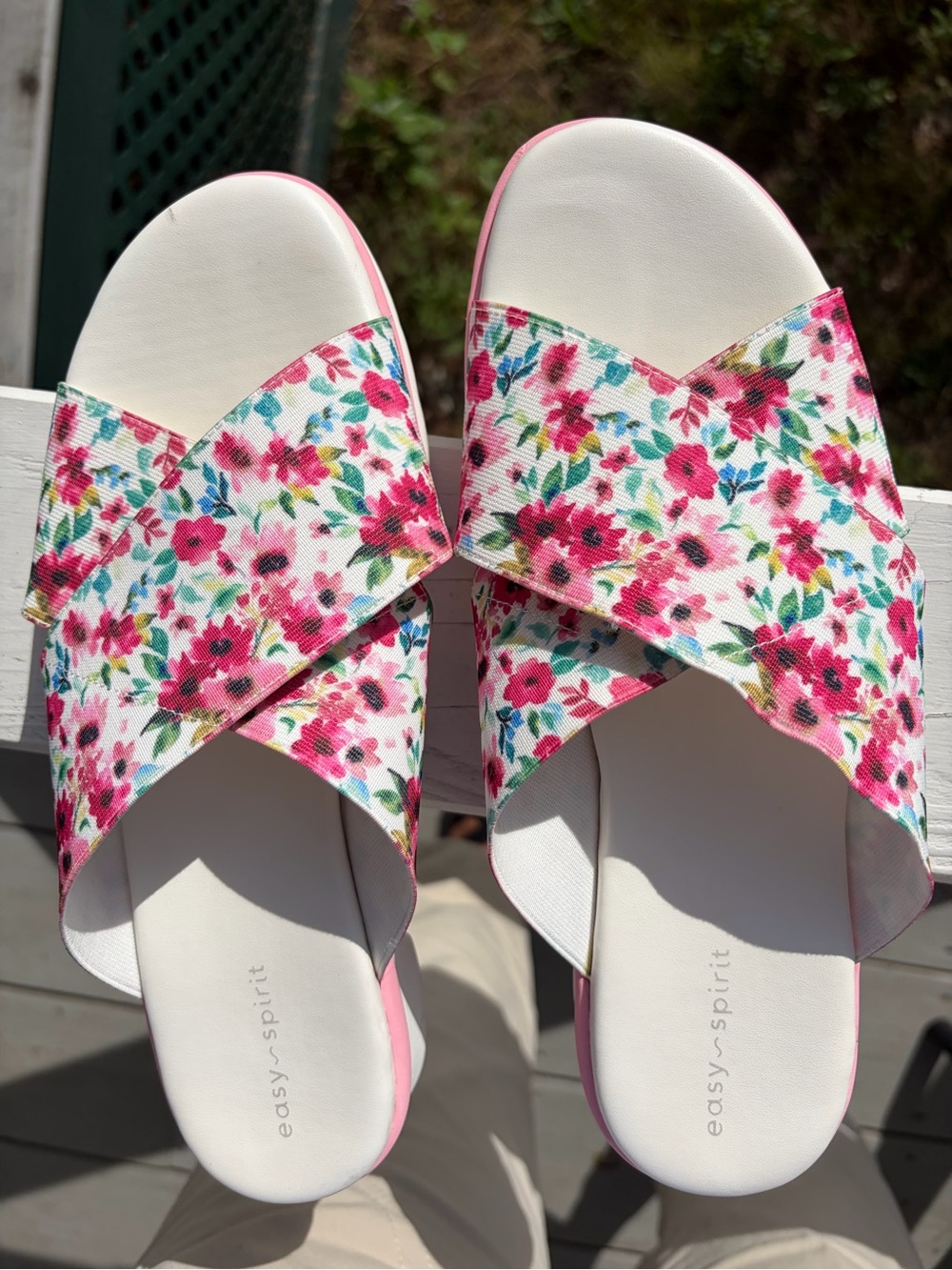 Easy Spirit Pink Floral Cross-Band Slide Sandals